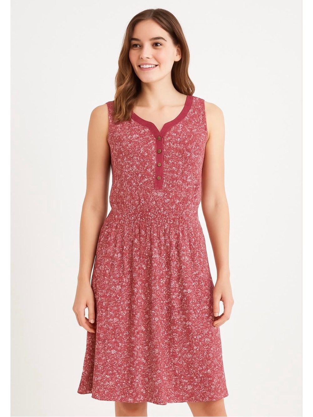 AVENTURA Burgundy White Sleeveless 1/2 Button Down Smocked Waist Dress Sz. XL